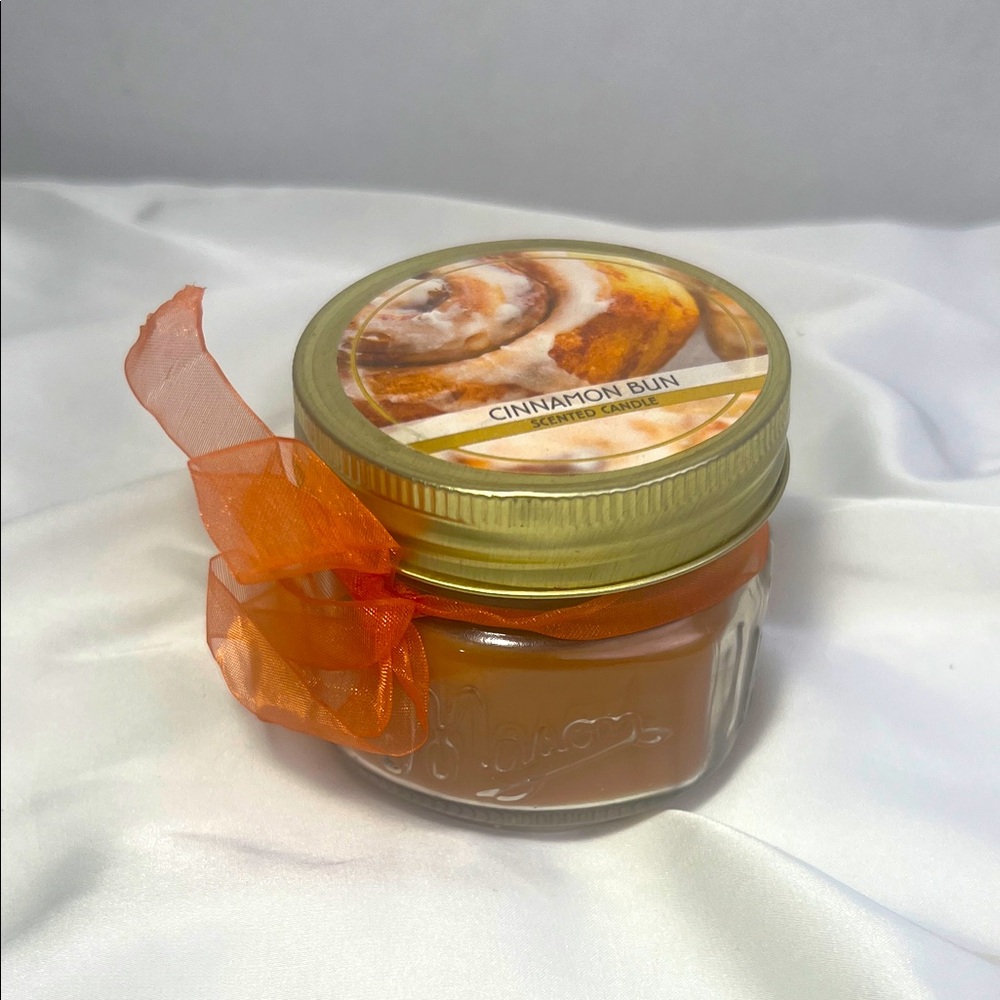 Cinnamon Bun Scented Candle with Orange Ribbon Mason Jar Rustic Fall Holiday‎